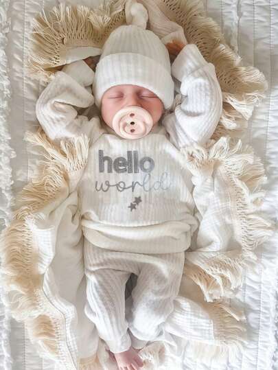 SHEIN HELLO 字母刺绣新生儿摄影服装，男婴女婴上衣裤子帽子 3 件套，婴儿 1 个月 100 天工作室摄影服装