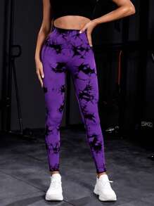 SHEIN Sports Tie Dye Yoga Tights Seamless High Stretch Tummy Control Gym Leggings - Purple - View 5