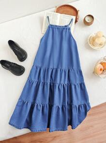 TWEEN GIRL 休闲度假 BOHO 都市休闲度假连衣裙，圆领，系带。后背纽扣式泪珠开合，带弹性细节。分层细节。 - 淺色水洗藍 - 查看 5