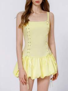 SHEIN Unity Punk-Romantic Collegiate Style Dark Blue Striped Tie Strap Bow Decorated Camisole Dress With Pleated Hem For Women - Yellow - View 1