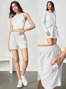 GLOWMODE 3.5'' Linen-Blend Easy Breezy Adjustable Drawstring Waist Side Back Pocket Shorts Daily Casual Lounge - White - View 7
