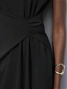 Maija 2025 Winter & Summer New Black Asymmetrical Cut Asymmetric Shoulder Pleated Waist Design Evening Dress, Sophisticated & Elegant For Party, Office, Wedding Guest, Hostess, Suitable For Outing, Date, Party, Concert, Stage Performance, Summer Holiday