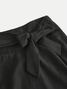 SHEIN Girlism TEEN GIRL Black Bowknot Waist Mid-Length Skirt, Elegant School Uniform A-Line Skirt