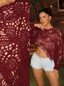 SHEIN SXY 新款设计春秋休闲宽松不对称下摆镂空钩针流苏个性时尚女式套头毛衣 - 酒紅色 - 查看 1