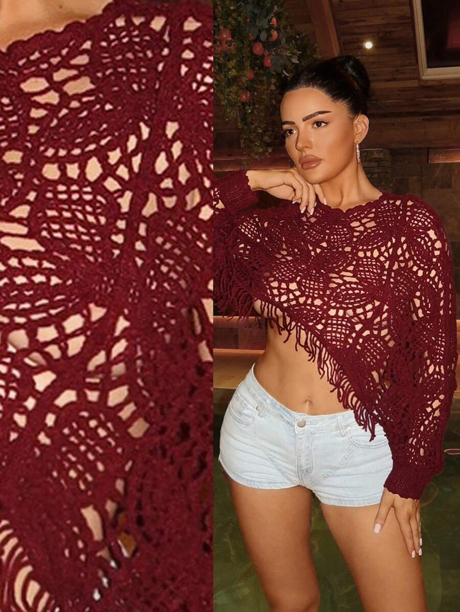 SHEIN SXY 新款设计春秋休闲宽松不对称下摆镂空钩针流苏个性时尚女式套头毛衣 - 酒紅色 - 查看 1