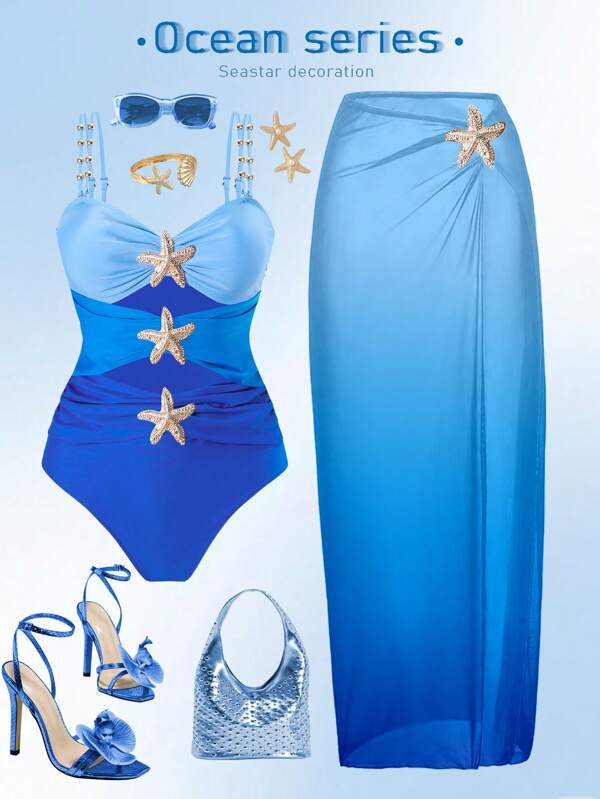 Swim Oasis Costum de baie cu o singură piesă de mărime Plus, decor metalic stele de mare de la albastru umbrit la bleumarin, ținută de plajă simplă și elegantă pentru femei, vară