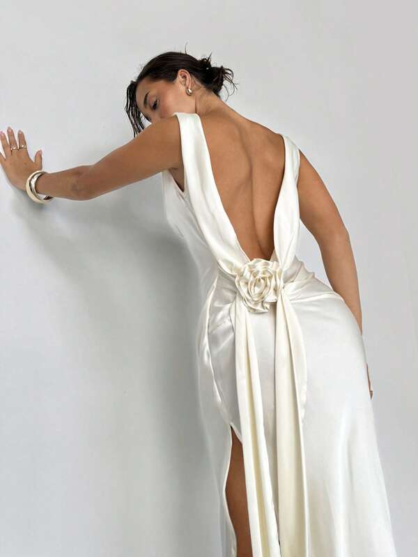 Aloruh Vestido largo de satén para mujer para fiestas o bodas, vestido sexy con espalda descubierta, sin mangas, con abertura alta y lazo en color blanco