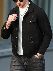 Manfinity LEGND Chaqueta de jean de manga larga con un solo pecho y bordes deshilachados para hombres de talla grande