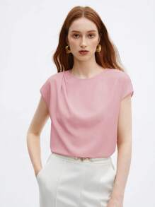 BizChic Women's Solid Color Round Neck Ruffle Decor Loose Cap Sleeve Top, Basic Urban Commute Style, Simple Elegant Fashion Business Casual, Suitable For Teachers And Office Wear