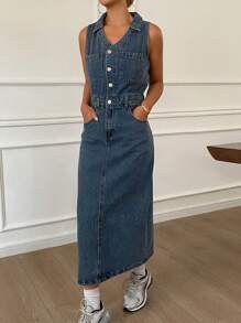 DAZY Đầm denim không tay dáng thường ngày cho nữ, đầm maxi mùa hè. - Màu xanh lam - Xem 5