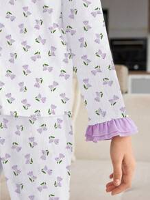 SHEIN Tween Girlr 郁金香印花长袖上衣和裤子两件套睡衣套装，浅紫色 - 淺灰紫 - 查看 6