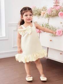 Elegant Apricot Satin Bow Cami Dress For Toddler Girls, Summer - Champagne - View 5