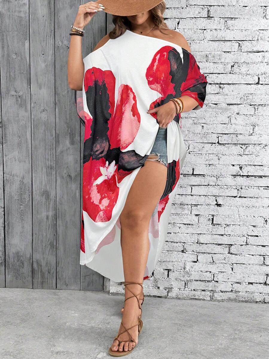 SHEIN VCAY Váy suông hở vai một bên vai cỡ lớn đi nghỉ mát - Đỏ - Xem 1