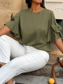 SHEIN Clasi Casual Resort Solid Color Bow Decor Plus Size Shirt - Army Green - View 5