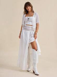 Wildy Long White High-Slit Romantic Vacation Skirt For Women, Music Festival Style, Summer Concert Women Vacation Woman Western Wear Women Western Wear Women Skirt - White - View 3