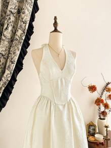 Vintamour Vestito elegante vintage da donna, con collo a capestro jacquard, fiocco, abbigliamento estivo per vacanze, abito estivo da donna, abito da sera bianco, abito di Pasqua per donna, abito bianco da donna, abbigliamento primaverile da donna, abiti primaverili da donna, vestiti estivi da donna, abiti da vacanza per donna, abito da ospite del matrimonio, abbigliamento da vacanza per donna, abiti estivi da donna, abiti da cerimonia da donna, abiti eleganti corsetto, abito di laurea, abiti per compleanni