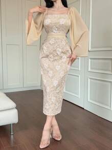 DAZY Robe mi-longue élégante à manches longues pour femmes avec col carré jacquard. Convient pour les événements de printemps/automne. Robe de femme élégante et formelle, robe de soirée de luxe - Beige - Voir 4