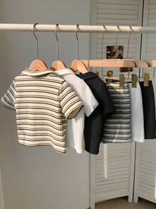 SHEIN 6 Stücke/Set Baby Jungen Sommer Lässig gestreiftes Poloshirt & Shorts Set, geeignet für Geburtstagsfeste, Abendveranstaltungen, Aufführungen, Hochzeit, Taufe und 1. Geburtstagsfeier, Babyparty
