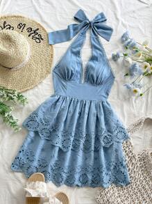 Soleia WYWH 女士休闲节日夏装，适合婚礼、毕业典礼、复活节、派对、午餐、度假。可爱刺绣蕾丝拼布弹力 V 领迷你连衣裙，蓝色 - 藍色 - 查看 3