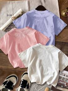 SHEIN 3件套年轻女孩休闲简约卡通脸图案彩色T恤，白色、粉色、紫色，适合夏季 - 彩色 - 查看 2