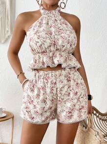 Breezaya 2pcs Women's Elegant French Style V-Neck Spaghetti Strap Regular Floral Print Summer Set - Multicolor - View 3