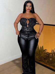 Slaydiva 适合派对、情人节的优雅性感紧身衣，修身纯黑色露肩网眼面料，心形金属装饰镂空设计，加大码，春夏秋季 - 黑色 - 查看 6