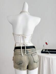 Comfortcana Women's Holiday Solid Halter Backless Tied Knitted Blouse - Apricot - View 2