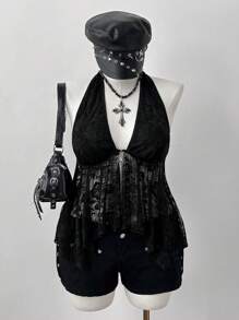Sunspun Top de tirantes finos asimétrico con encaje calado y diseño de araña transparente, estilo casual retro punk para mujer talla grande, primavera/verano