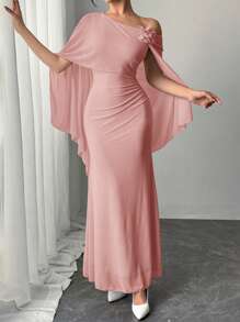 Firerie Gaun Wanita Elegan Menawan dengan Detail Kerut, Warna Pink Muda Pucat, Motif Jala dan Bunga, Cocok untuk Pernikahan, Ninang, Kencan, dan Hari Valentine. Gaun Maxi Sederhana - Berwarna merah muda - View 3