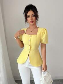 Elenzga Camicia elegante da donna con maniche a palloncino, colletto quadrato e vita a-line