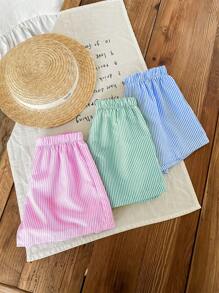 SHEIN LMoss Kids 女童条纹宽松短裤三件套 - 藍色 - 查看 6