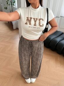 Solflare 2pcs/Set Plus Size White T-Shirt With Letter Print And Leopard Patterned Pants Leopard Print - Brown - View 5