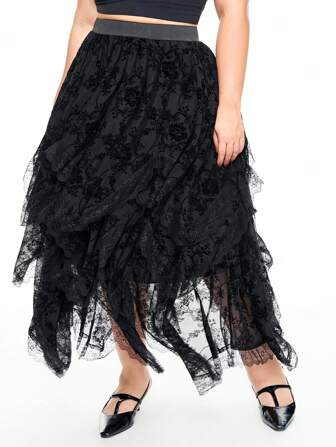 Goth Jupe asymétrique de grande taille au style gothique romantique, avec un motif de vigne floqué de luxe, garnie de dentelle contrastée