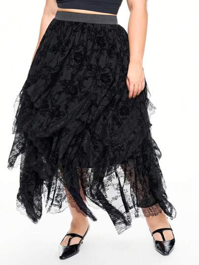 Plus Size Gothic Romantic Luxurious Palace Vine Flocked Asymmetrical Hem Contrast Lace Trim Skirt