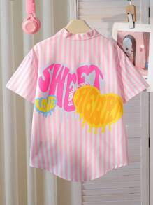 Girls Stripe Shirt + Heart Graffiti Versatile Design + Cool Sweet Street Style Outerwear Shirt, Summer - Pink - View 2