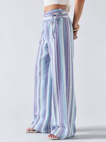 LYSMO Women's Striped Tie-Up Patchwork Long Pants