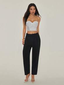 SHEIN PETITE Quần ống côn đơn giản, đa năng, màu trơn dành cho nữ - màu đen - Xem 3