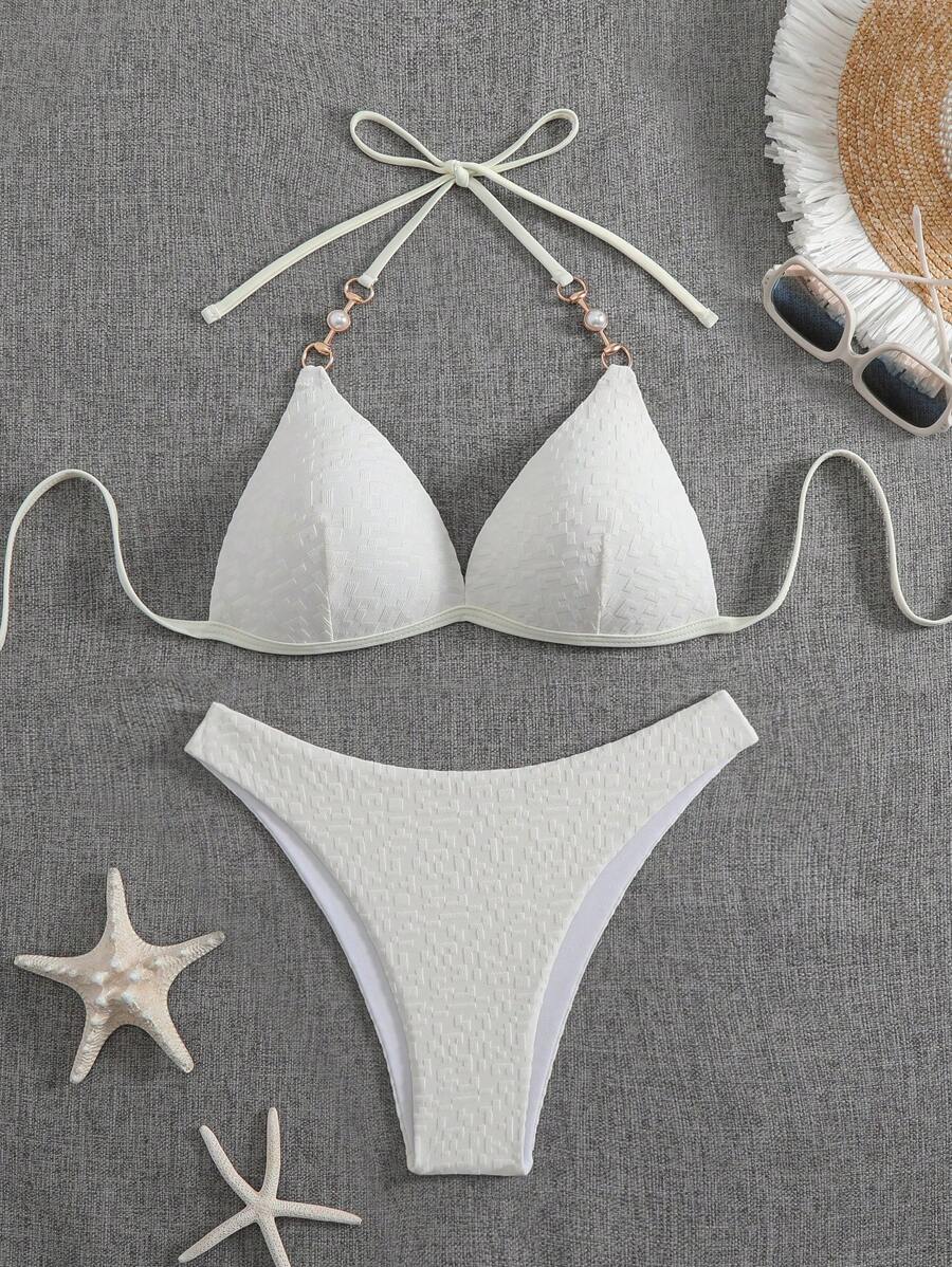 SHEIN Swim Women's Solid Color Halter Bikini Set, Minimalist And Fashionable For Casual Daily Wear, For Summer Beach Vacation