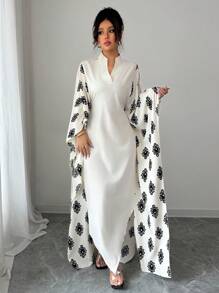 Rafferiza Vestido de Mujer con Estampado Retro Elegante, Cuello Mao, Mangas Murciélago, Cintura Ceñida y Bajo Asimétrico - Albaricoque - Ver 1