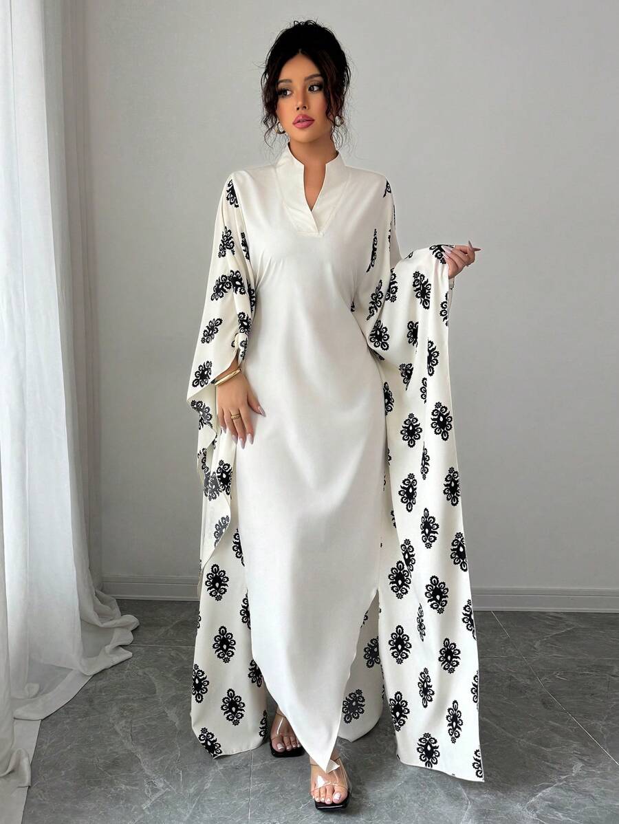 Rafferiza Vestido de Mujer con Estampado Retro Elegante, Cuello Mao, Mangas Murciélago, Cintura Ceñida y Bajo Asimétrico - Albaricoque - Ver 1