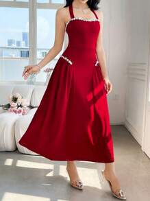 Modelyn Robe longue femme élégante à dos ouvert avec décoration de strass et encolure montante