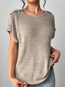 Chiquease Camiseta holgada casual de mujer con botones, espalda hueca y encaje floral - Caqui - Ver 5
