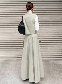 FRIFUL Women Two Pieces Casual Set - Solid Color Double-Breasted Vest And Midi Skirt - Beige - View 4