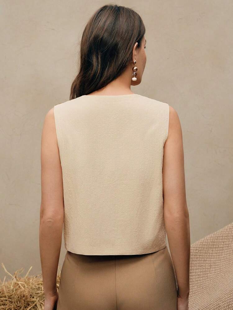 Chaqueta sin mangas elegante de unicolor con bordado de toalla, cuello en V y lazo para mujer, ideal para vacaciones, festivales, días festivos y playa bohemia