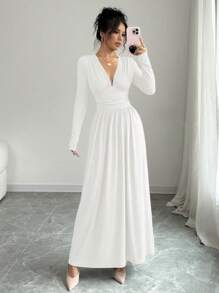Elenzga 女士时尚休闲长裙，深 V 领，插肩长袖，前片拼接，褶皱，A 字形，莲藕粉色纹理面料，秋冬长款女装 - 白色 - 查看 1