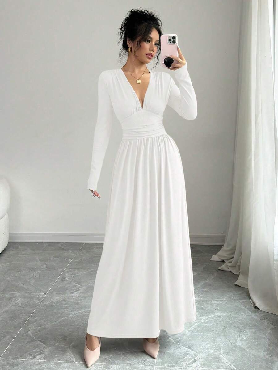 Elenzga 女士时尚休闲长裙，深 V 领，插肩长袖，前片拼接，褶皱，A 字形，莲藕粉色纹理面料，秋冬长款女装 - 白色 - 查看 1