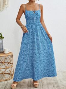 SHEIN VCAY Váy dây thường ngày in hoa đi nghỉ cho nữ - Xanh đậm - Xem 4