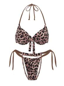 SHEIN Swim 2pcs Women Swimwear Set With PUSH UP, Gather Push, Underwire, Random Print Pattern - Brown - View 5