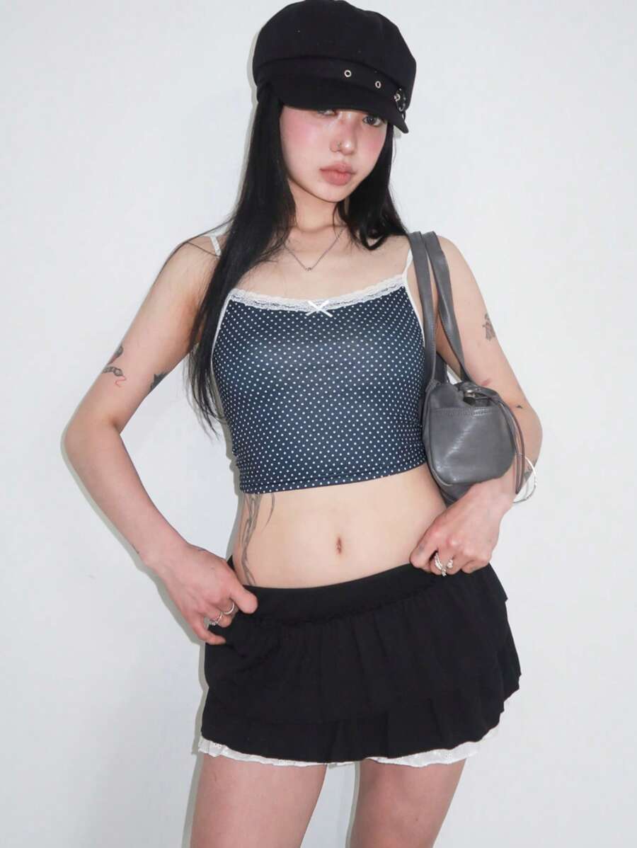 DAZY Débardeur court en patchwork de dentelle à pois Y2K pour femmes - Noir - Voir 1