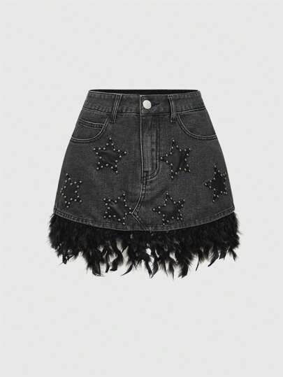 Fairycore Jupe mini en jean femme à taille basse, en PU avec clous et patch de plumes